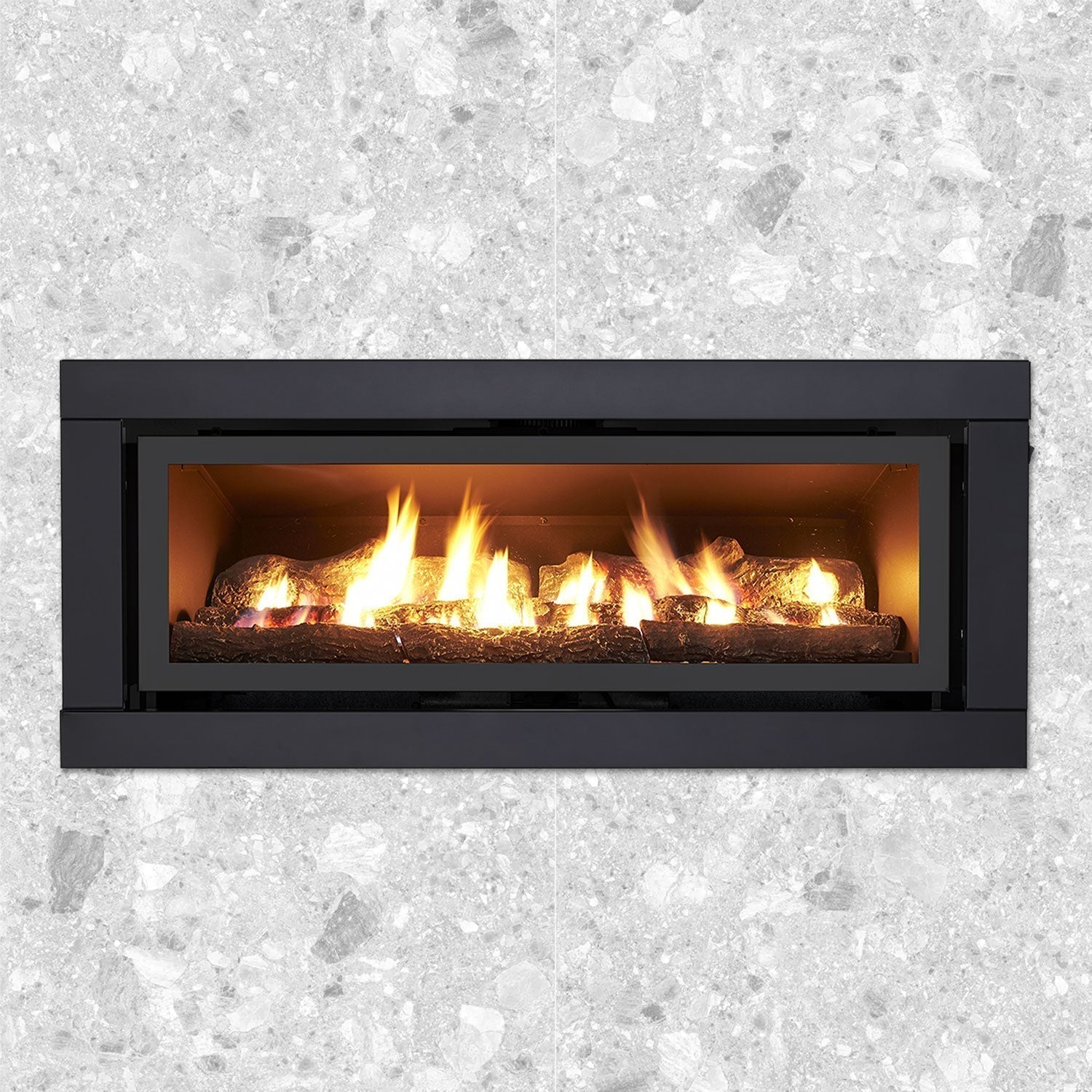 Illusion Luminar 4000 Australian-made gas log fireplace set into a stone feature wall