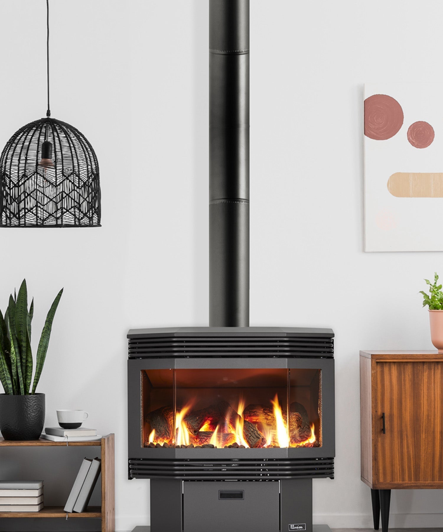 Styling a living room around a freestanding gas log fireplace