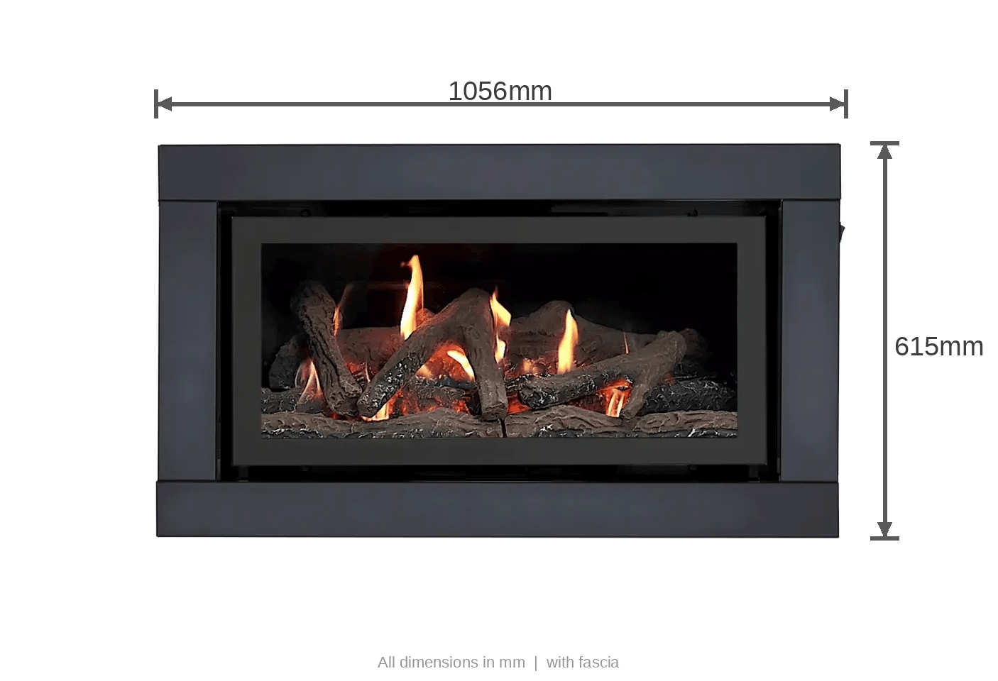 Luminar 3000 inbuilt gas log fireplace set into a wall